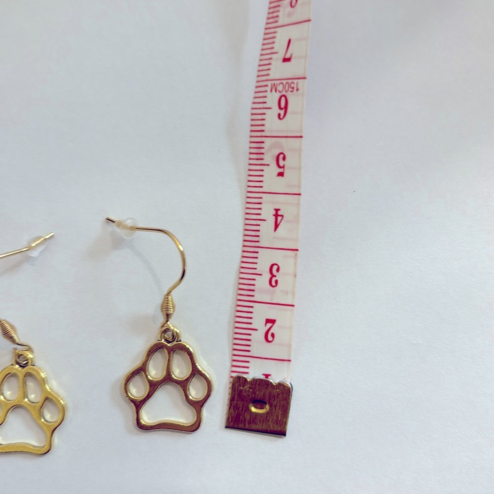 Dog paw gold plated hook dangle earrings neutral plain women’s pet puppy - Picture 3 of 4